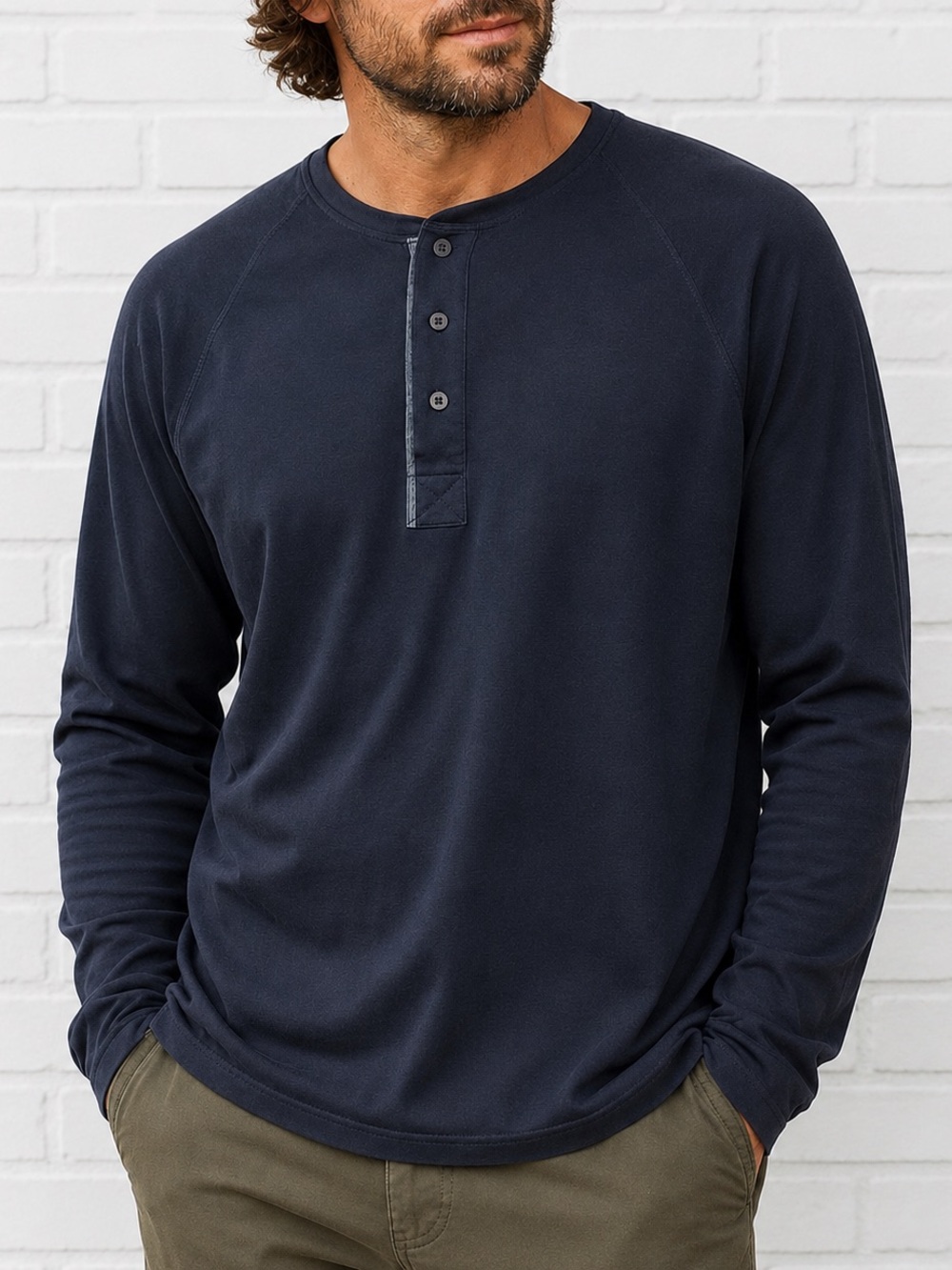 Lands’ End Mens Henley Shirt Long Sleeve Raglan Casual Classic Preppy Large